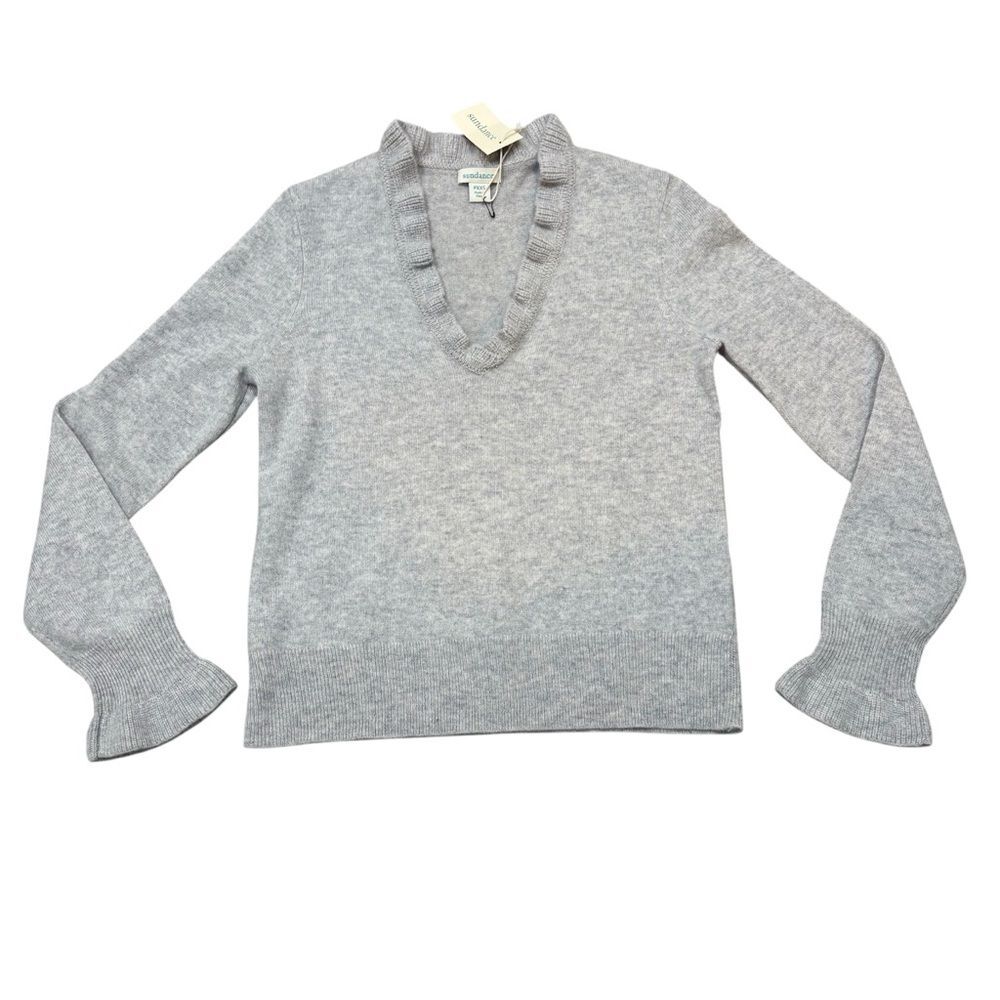 Sundance Light Gray Giselle V-Neck Sweater with Ruffle Trim Size PXXS